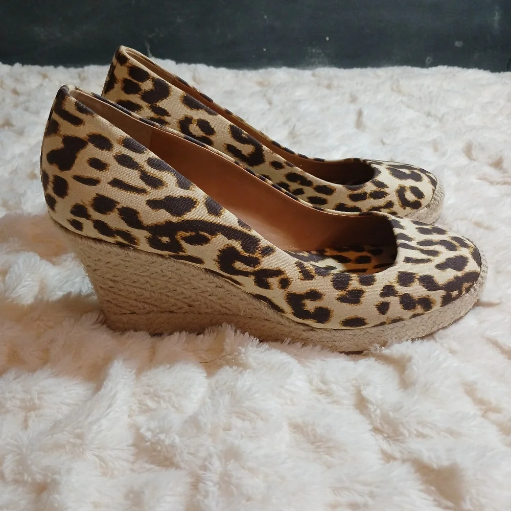 J. Crew Shoes Womens 7.5 Brown Seville Espadrille Wedge Leopard Canvas